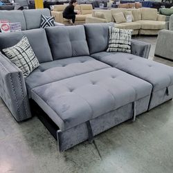 ✅️✅️2 pc grey velvet sectional sofa set pull out sleep area with reversible pop up storage chaise nail head trim tufted accents✅️