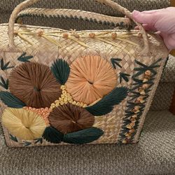 Vintage Straw Beach Bag With Floral Design 1960's
