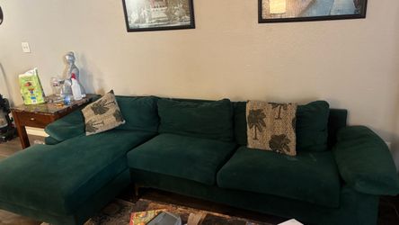 Green Velvet Sectional Sofa with Chaise