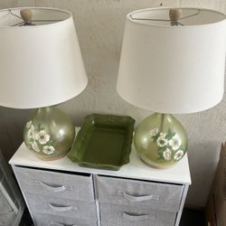 Twin Green Lamps & Plate