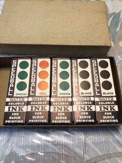 Vtg Speedball Water Soluble Ink For Block Printing - Set Of 5, Black, Red, Green