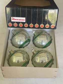 Set of 4 vintage silver and green glass Christmas tree ornaments by Bronson Imports.