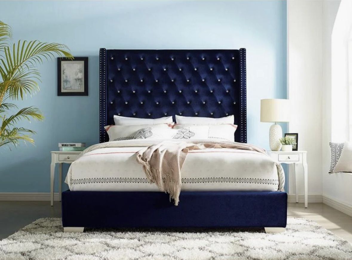 royal Blue queen size diamond head board bed set