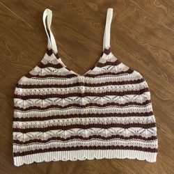 Women’s Brown Cream Cotton Blend Crochet stripped Tank Crop Top Junior Size L