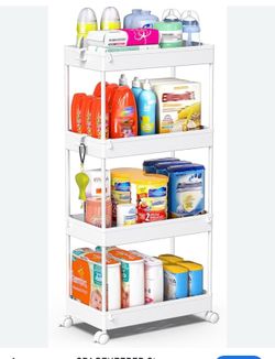 4Tier Rolling Cart with Drawer, Utility cart with Handle, Bathroom Cart, Snack Cart, Storage Organizer with Lockable Wheels, Rolling Storage Cart for 