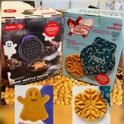 (NEW) Two - Mini Waffle Makers: one makes Snowflake Waffle, other makes a Ghost Waffle
