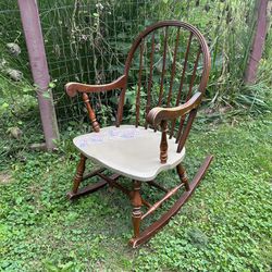 Antique Vintage Brown Wooden Rocking Chair Purple Flowers