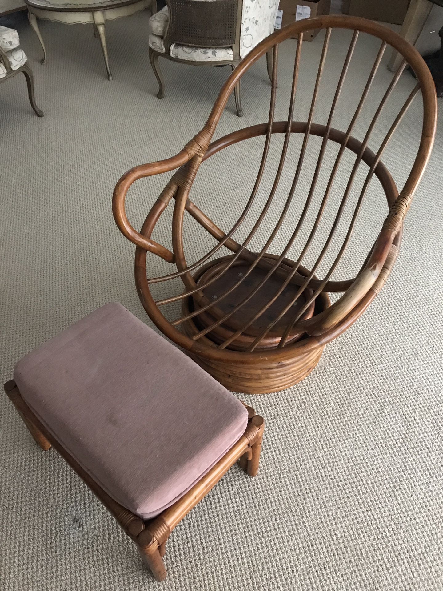 Retro-  Rattan Chair /With Ottoman & Pillow