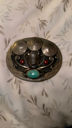 Belt Buckle Turquoise And Coral Gems Native American Jewelry