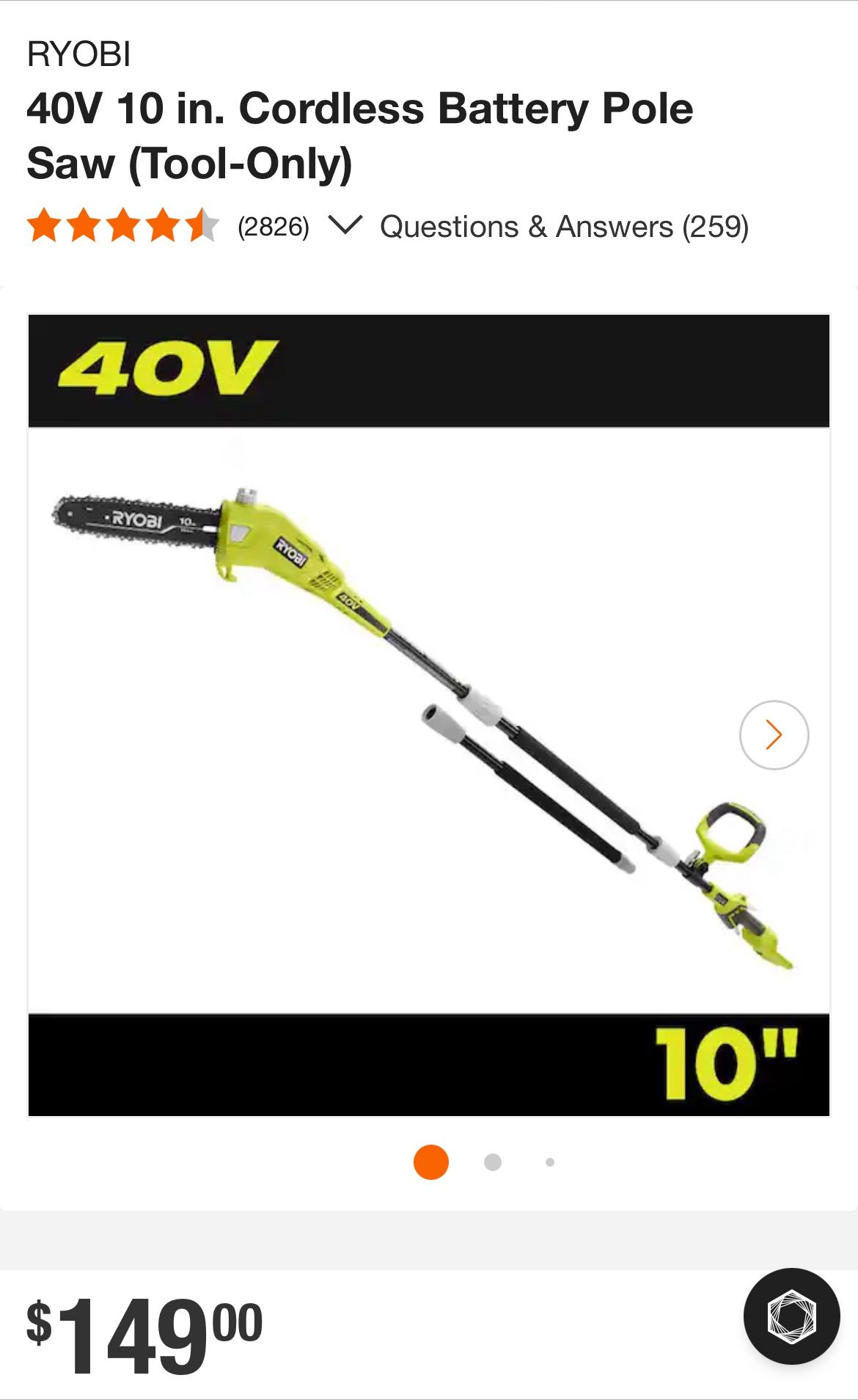 RYOBI 40V 10 in. Cordless Battery Pole Saw (Tool-Only) Used $75