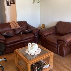 Brown Leather Sofa/couch And Table