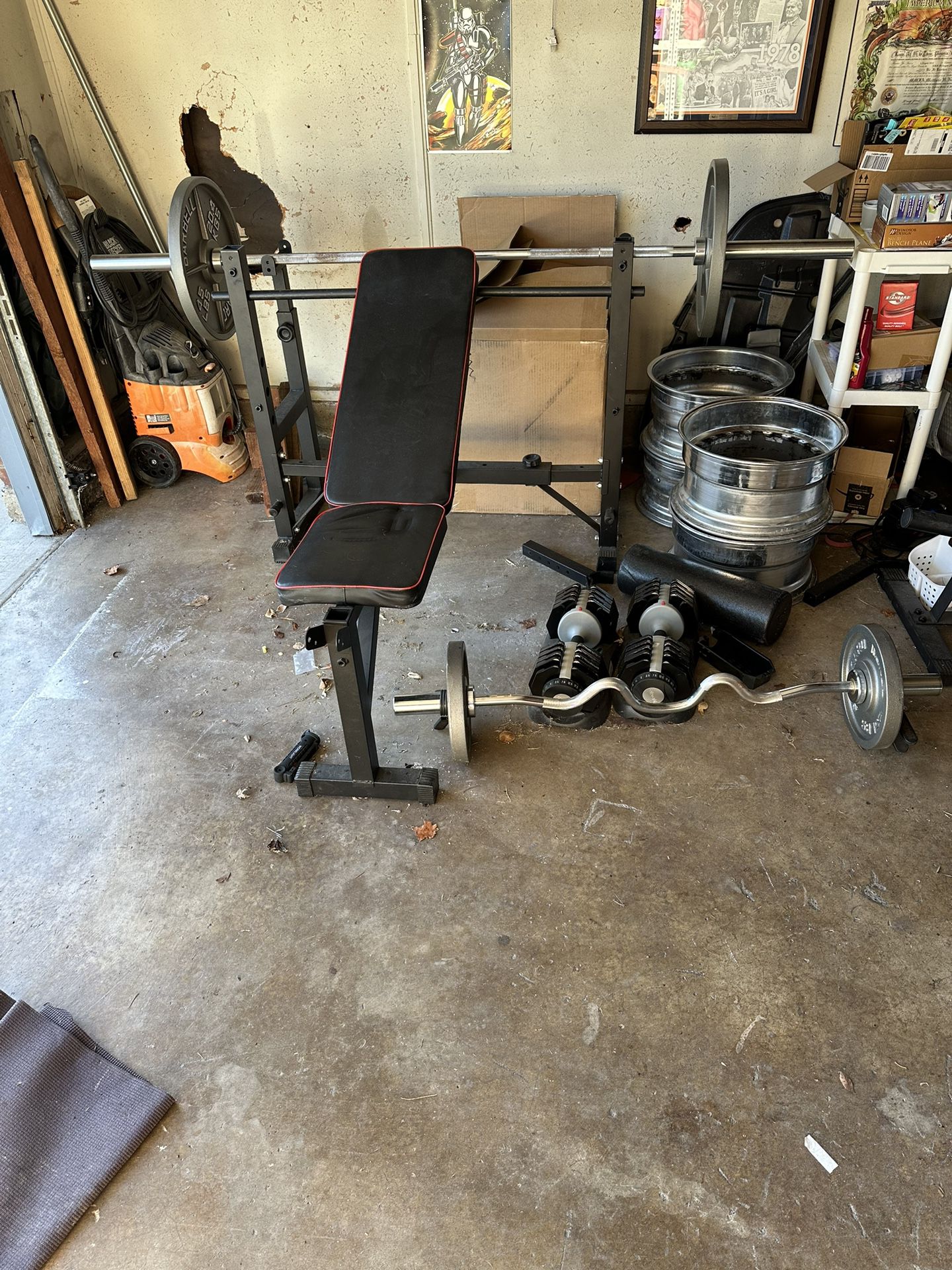 Olympic weight set with bench, curl bar, adjustable dumbbells