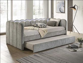 Brand New Grey Twin Size Daybed w Trundle Bed + LED Lights