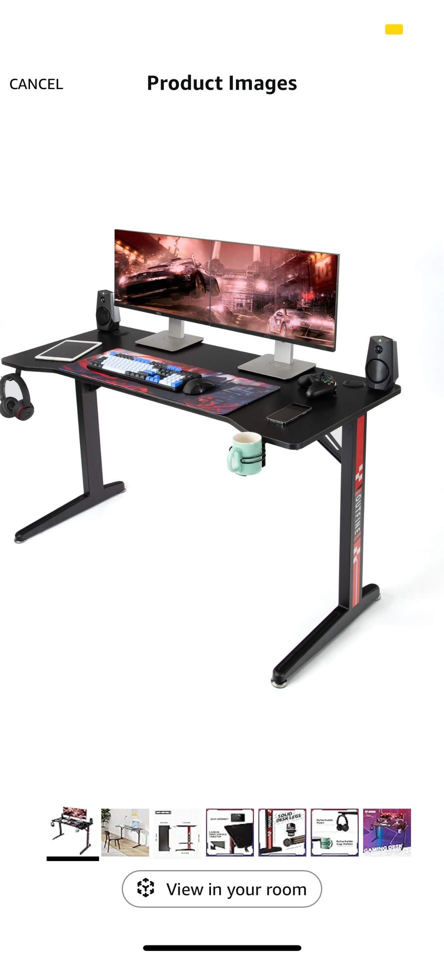 Three-monitor setup with table and monitor mount.