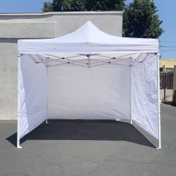 New $140 Heavy Duty White 10x10 ft Canopy with 3 Sidewalls EZ Popup Outdoor Gazebo, Carry Bag 
