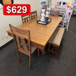 6PC BROWN Wooden Dining Table + Double Extension Leaf Set