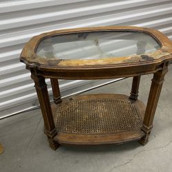 Vintage 2-Tier Oval Glass Wood Woven Cane End Table Mid Century Neoclassical
