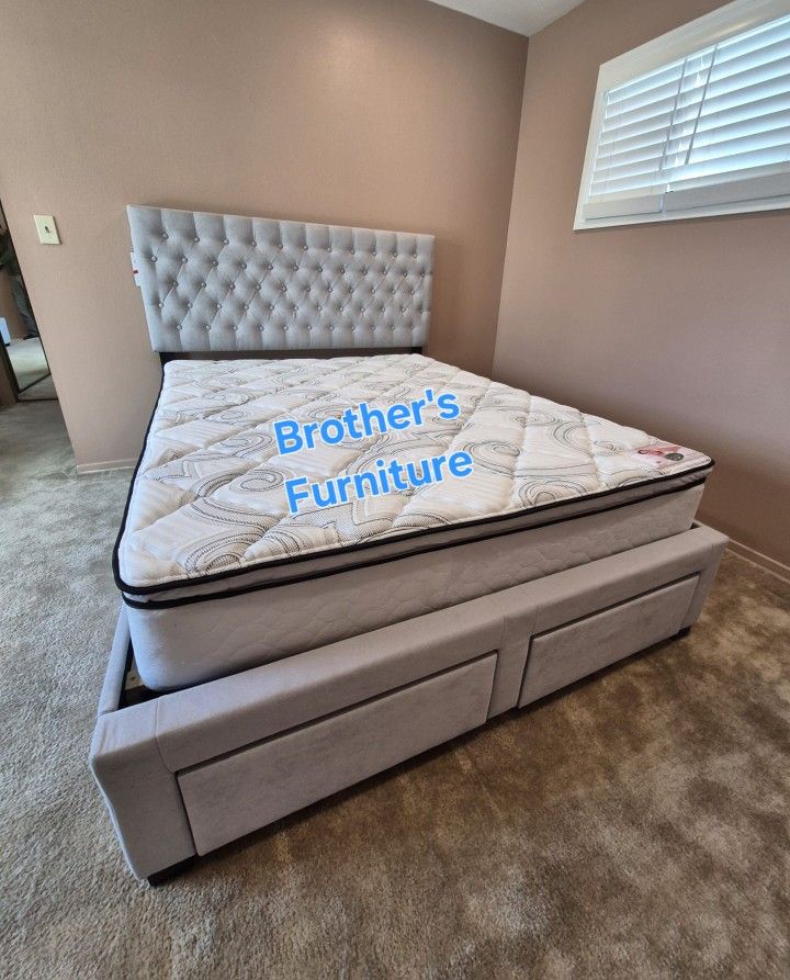 Frame Queen W Storage Footboard And Sides. Light Grey Fabric , New Especial Price