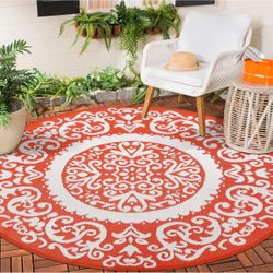 Homcomoda Round Outdoor rug 6ft Orange Patio Rugs Clearance Reversible Plastic Straw Rugs Waterproof