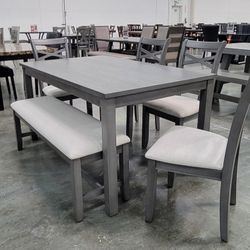 ✅️✅️ 6 pc grey finish wood dining table set padded seat chairs and bench ✅️