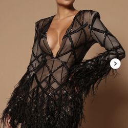 Amber Deep V Embellished Feather Trim Mini Dress - Black