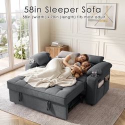 #593 -58" Sleeper Sofa Bed, Full Size Pull Out Couch, Towel Fabric Convertible Loveseat with USB Charging, Cup Holders, Adjustable Backrest & Side Poc