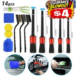 14pc Car Detailing Brush Kit Boar Hair Vehicle Auto Interior for Wheel Clean Set