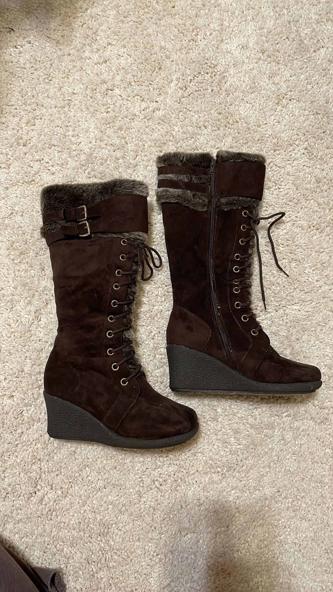 Knee high wedge boots faux fur brown fake suede leather 7 women