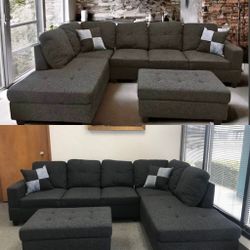 Charcoal linen sectional couch and ottoman