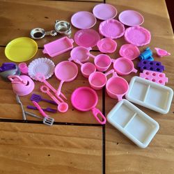 Vintage Barbie Dollhouse Size Tea Kettle, Coffee Grinder, Pots, Pans Lot Pink