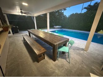 Solid Wood Outdoor table + bench, chairs separetly.