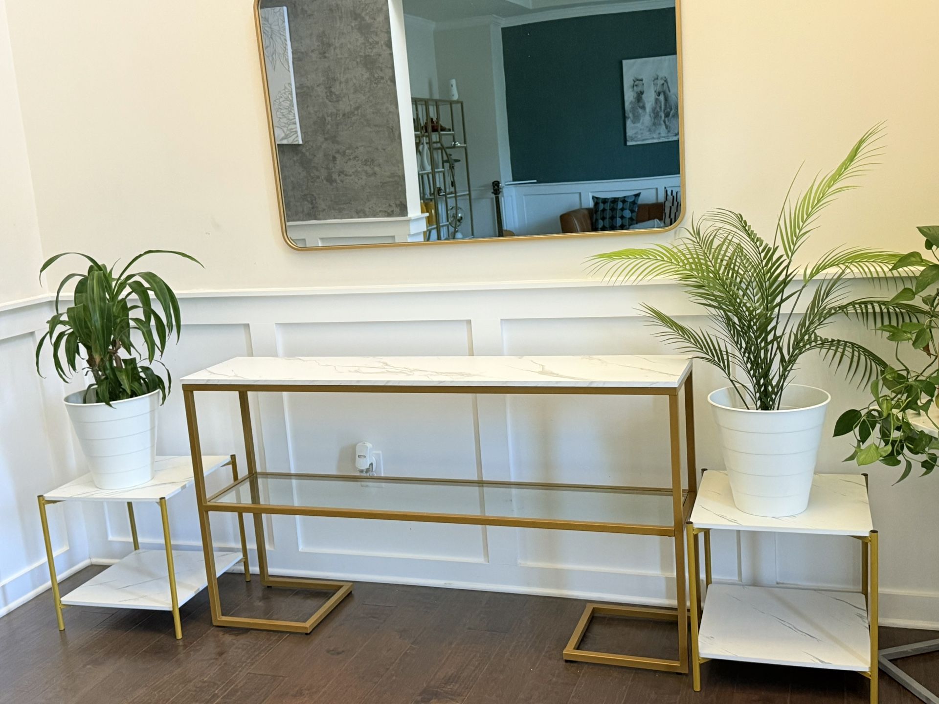 2 Square Side End Table White 40”x40”x 42” With Marble Vein 55” Console Table