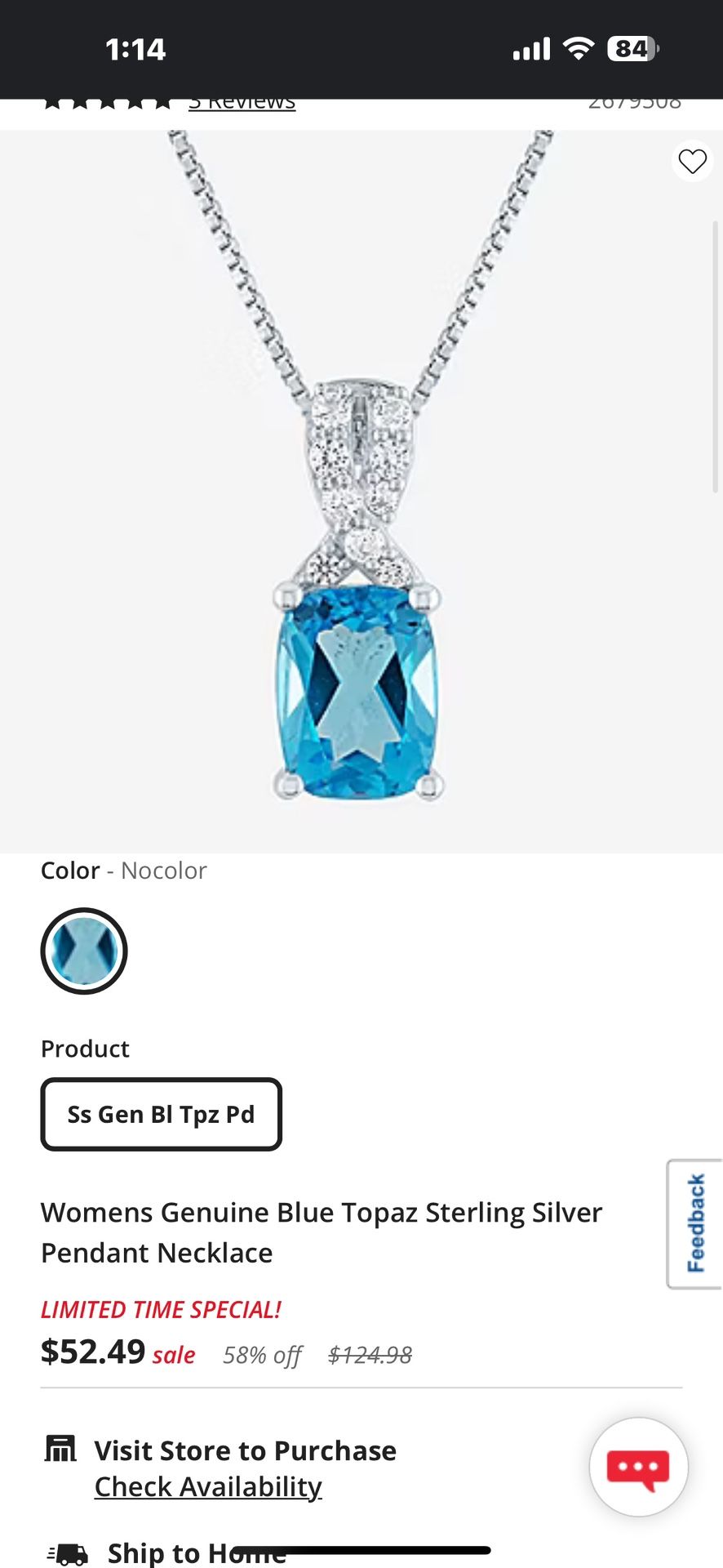 Womens Genuine Blue Topaz Sterling Silver Pendant Necklace