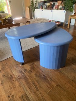 Blue painted oak MCM coffee table accent