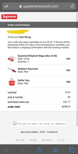 Supreme Ziploc, Skeleton keychain, and Tote Bag