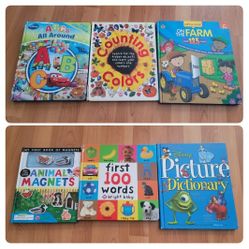 Lot of 6 books for kids, toddlers. ABCs, counting & colors, Farm book. Magnet book with animals, 100 first words book, Picture dictionary.