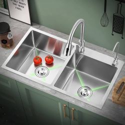 Qinqi FunQ-13-Origin Double Bowl Kitchen Bar Sink, 32.3 x 17.7 Drop In Topmount Stainless Steel Sink