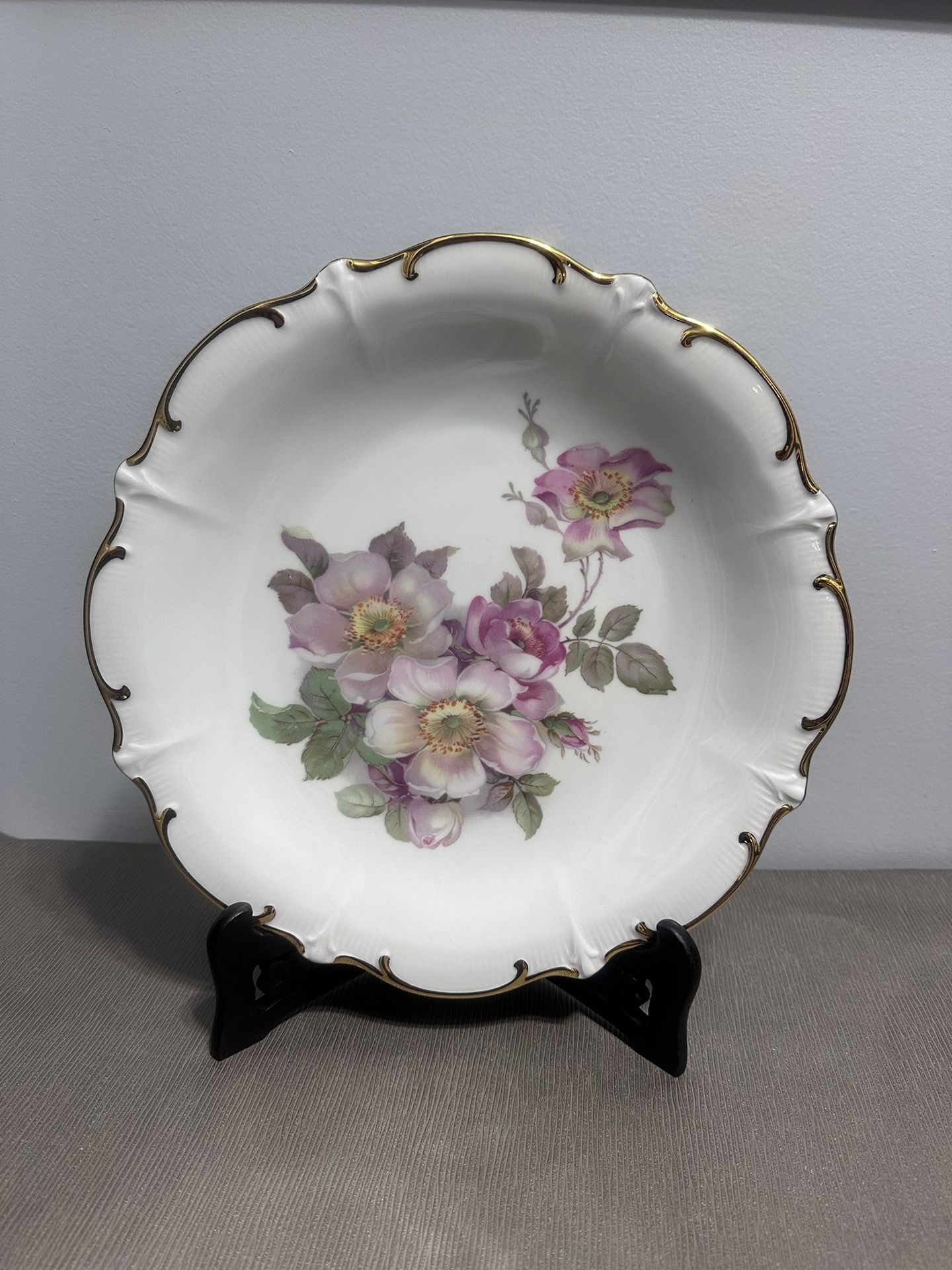 China Porcleian Wild Rose Serving Platter Germany. Gold trim scalloped 11”  with holder. 