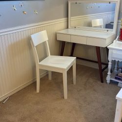 White Vanity With Wooden Chair