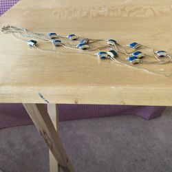 3 Strand Necklace With Antique Brass Finish And Navy Blue Stones