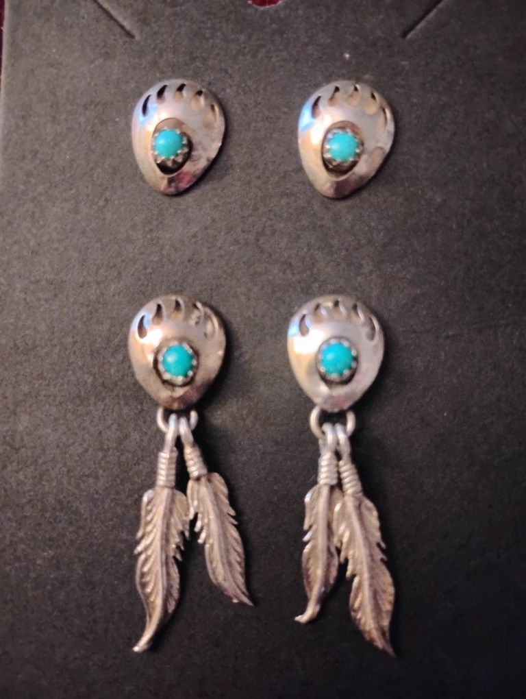 Native American Sterling Silver and Turquoise Bear Paw Earrings/Richard Begay
