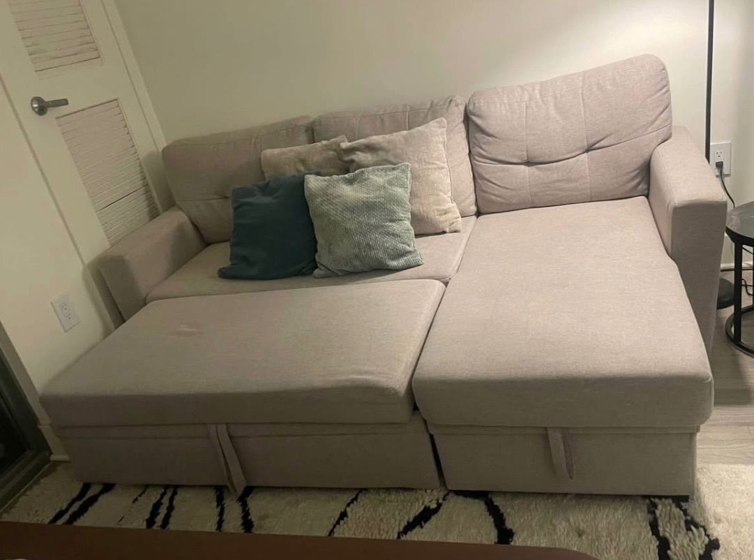 Light Gray Linen Sleeper Sectional Sofa