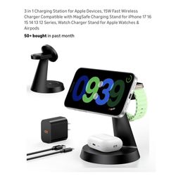 Brand new 3 in 1 Charging Station for Apple Devices, 15W Fast Wireless Charger Compatible with MagSafe Charging Stand for iPhone 17 16 15 14 13 12 Ser