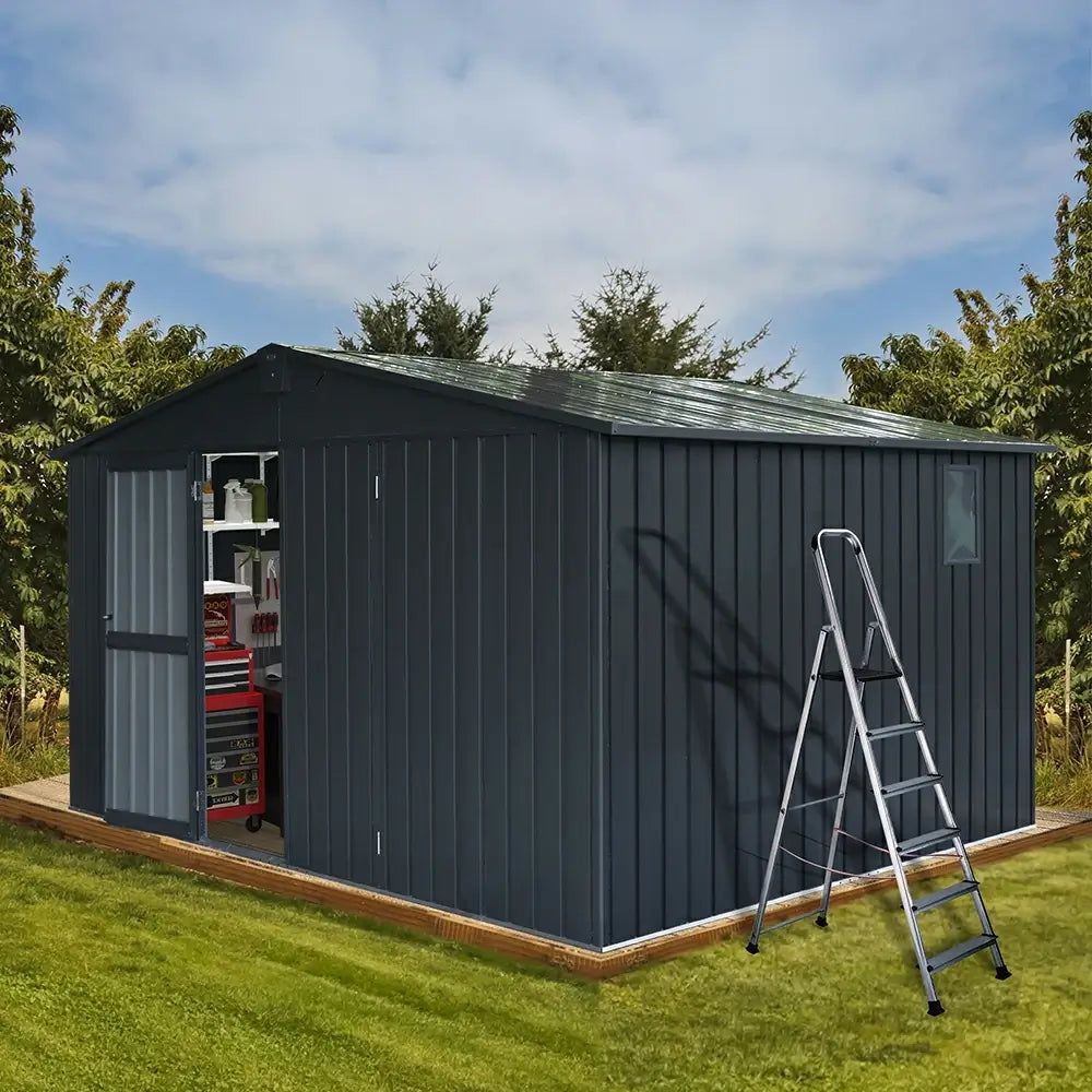Outdoor Sheds 9FT x 11FT & Outdoor Storage , Metal Anti-Corrosion Utility Tool House with Lockable Door & Shutter Vents, Waterproof Storage