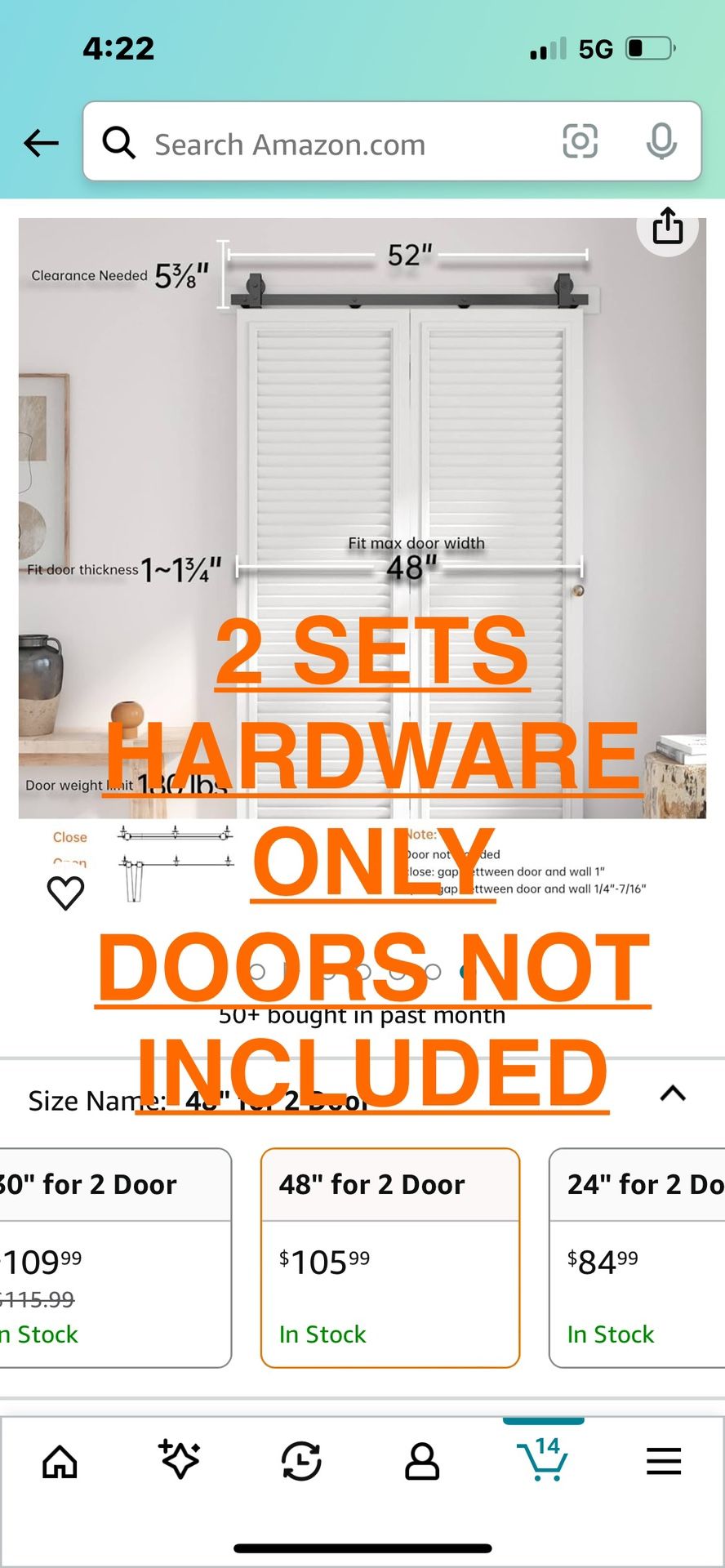 Closet Barn Door Installment Hardware 48”
