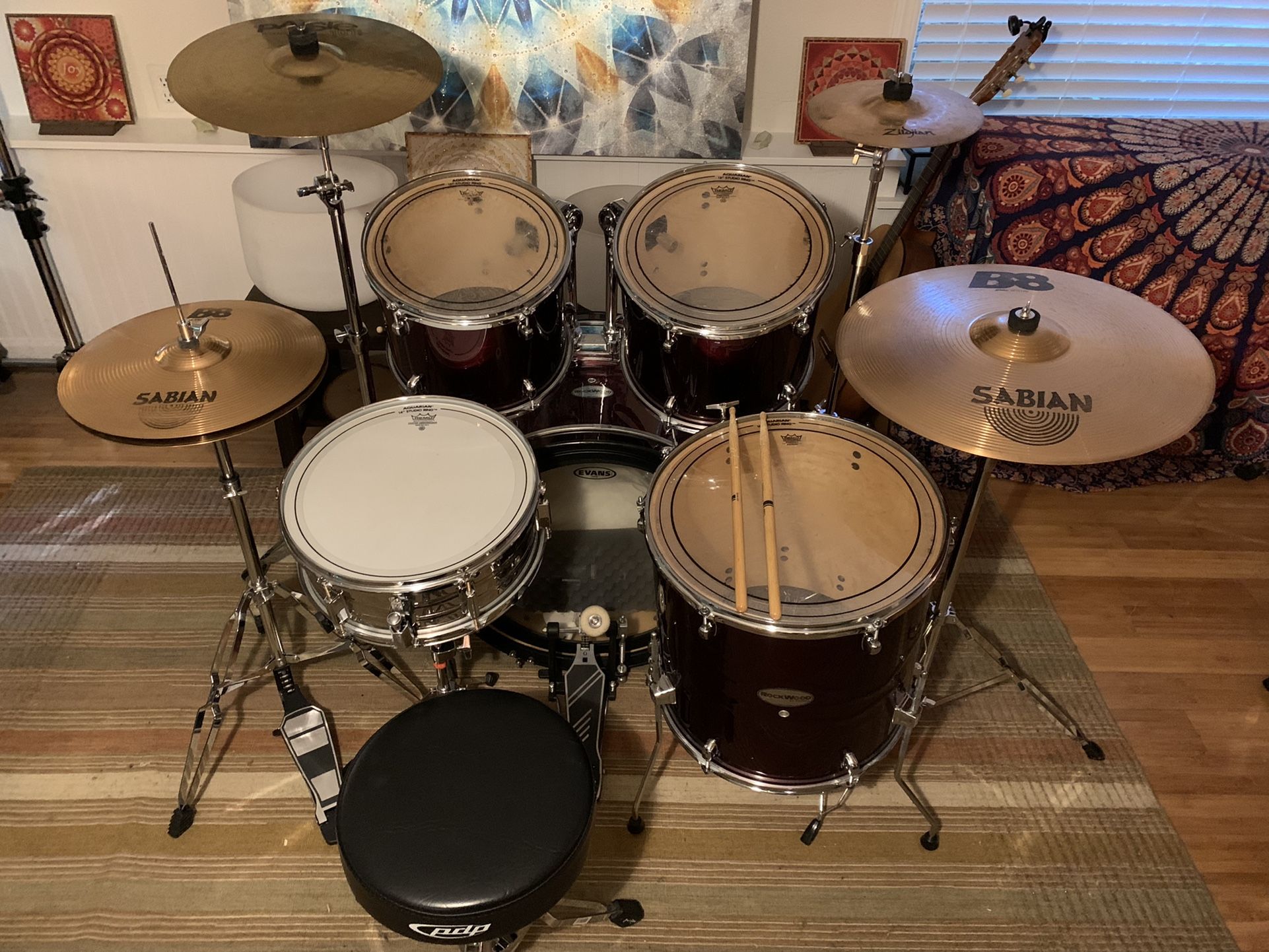 Rockwood Drum Set, Sunlite Snare, Cymbals