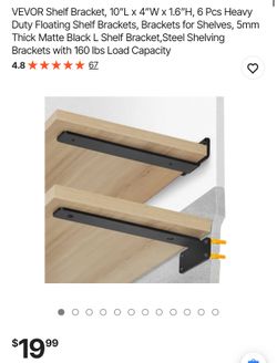  Shelf Bracket, 10”L x 4”W x 1.6”H, 6 Pcs 