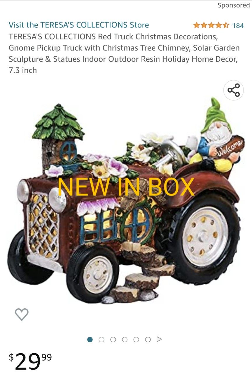 TERESA'S COLLECTIONS Red Truck Christmas Decorations, Gnome Pickup Truck with Christmas Tree Chimney, Solar Garden Sculpture & Statues Indoor Outdoor