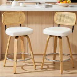 Bar Stools Set of 2,Upholstered PU Leather, 26‘’ Counter Height Barstools with Back and Wood Legs,360°Swivel,Mid-Century Modern Bar Stool for Kitchen 