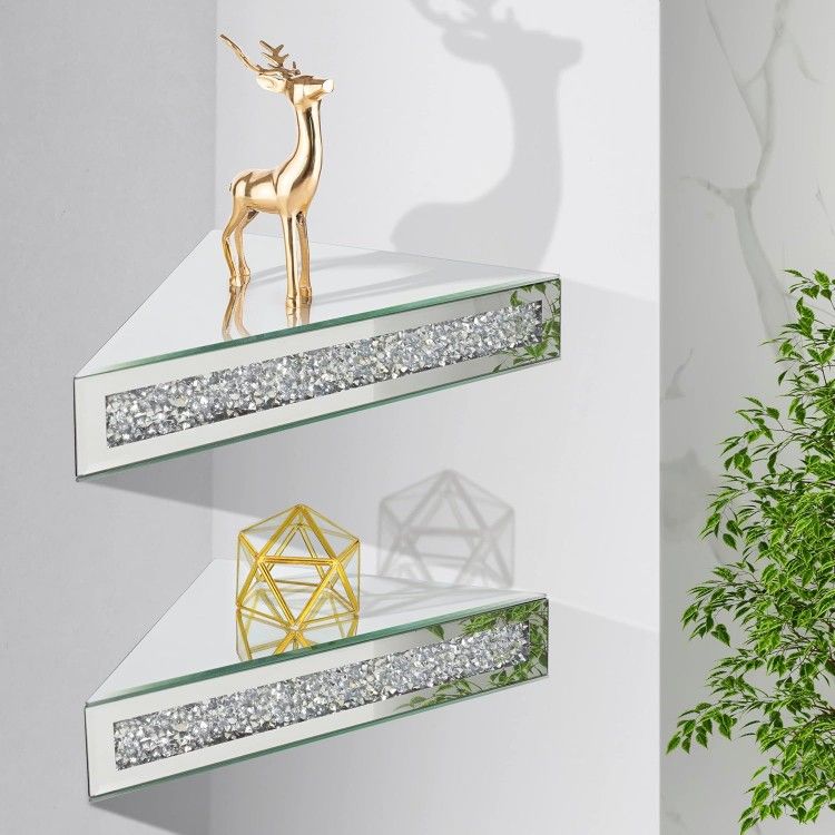 Creekview Home Crushed Diamond Mirrored Floating Shelf For Wall Corners